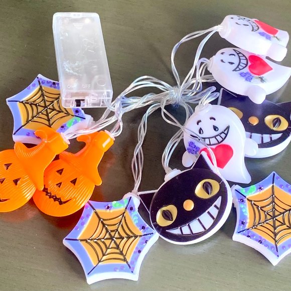 Vintage Retro Smiling Cat Ghost Pumpkin Web Halloween LED String Lights Lighting - Picture 2 of 6